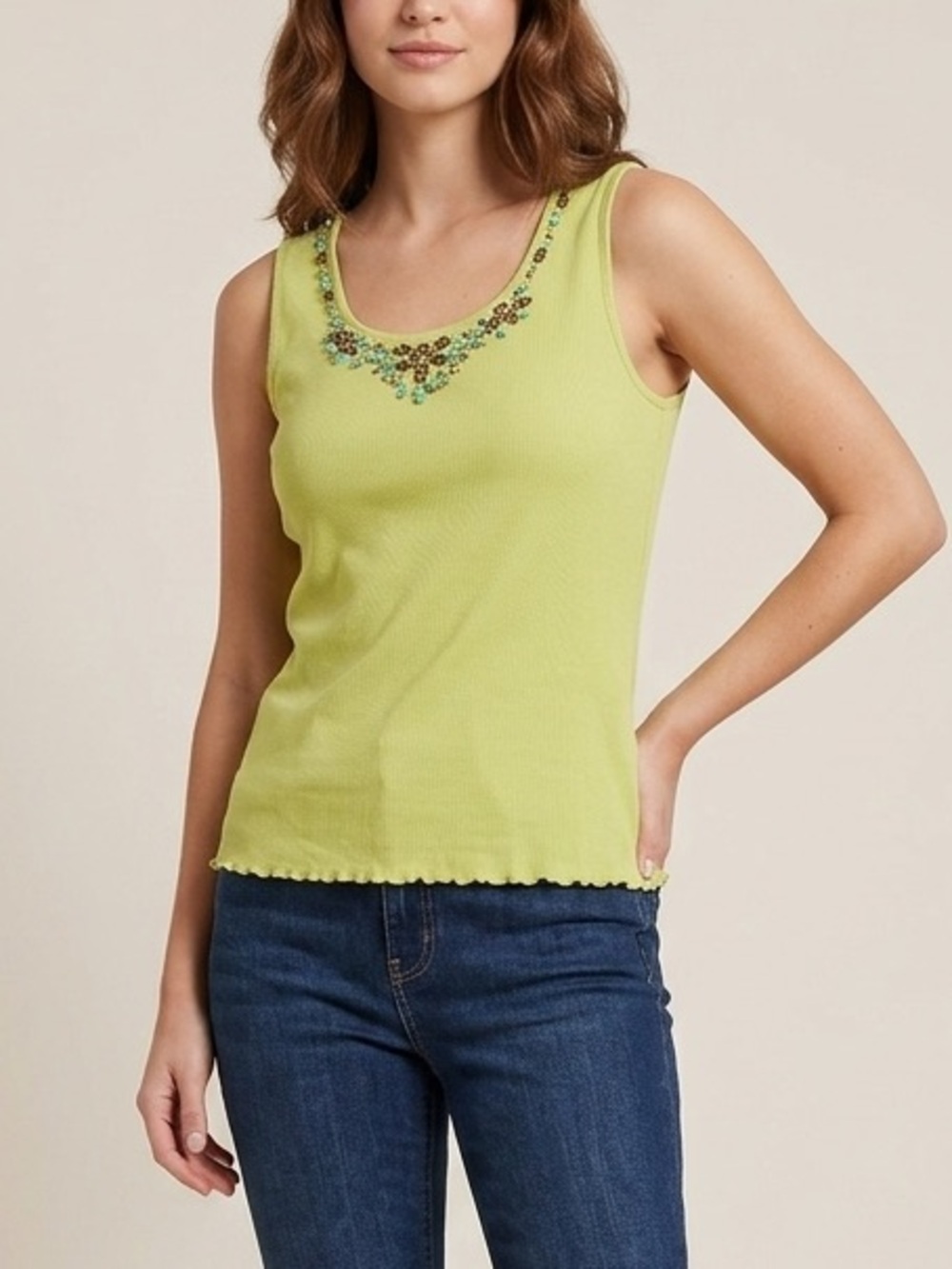 Ruby Rd. Lime Green Beaded Ribbed Tank Top Size Petite XL
